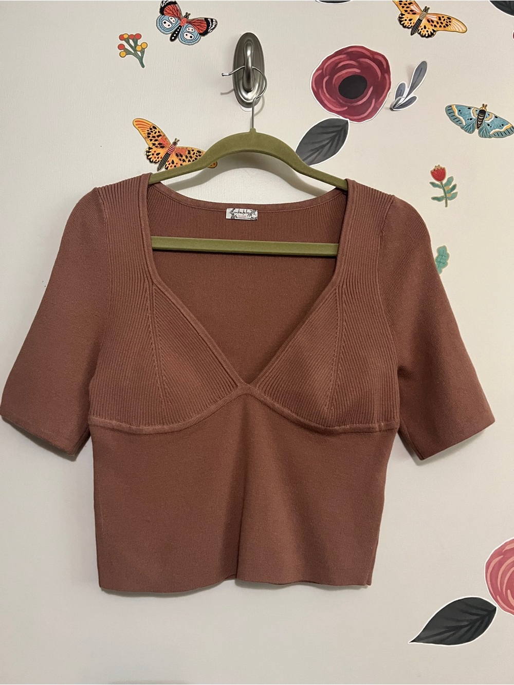 Free People Pinkish Brown Knit V-Neck Knit Short Sleeve Top L